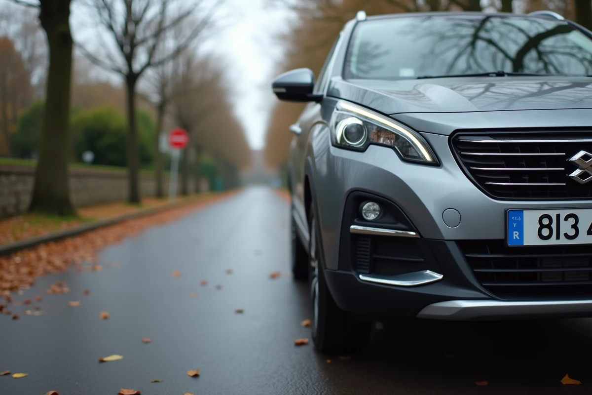 Gros plan d'une plaque d'immatriculation française sur un SUV garé dans une rue résidentielle pour identifier l'année d'un véhicule