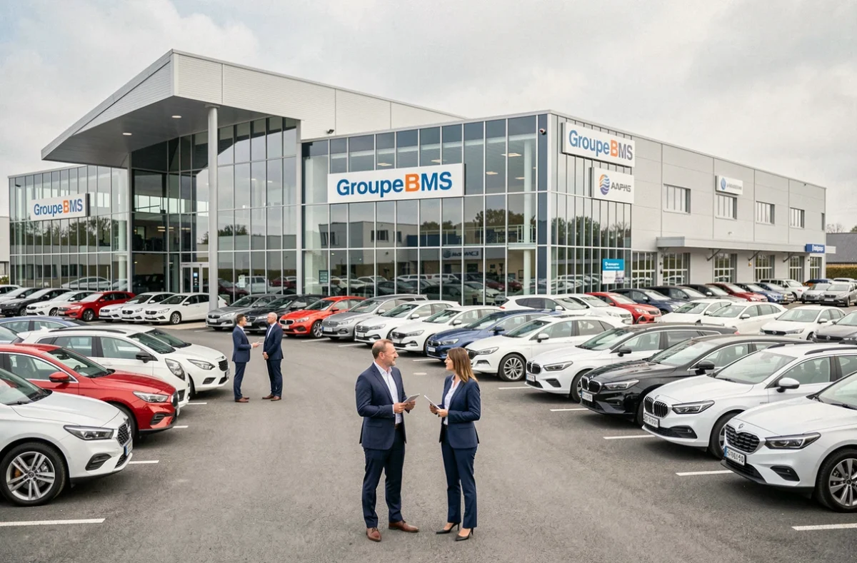 Grand showroom du Groupe BMS en Seine-Maritime avec équipe de vente et large exposition de véhicules neufs