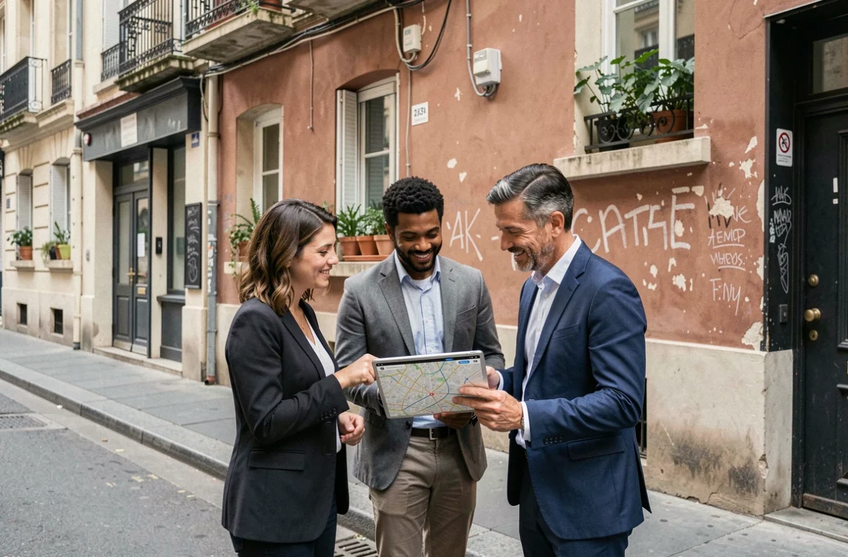 Groupe de collègues consultant une carte de mobilité urbaine devant un espace de coworking dans une rue parisienne