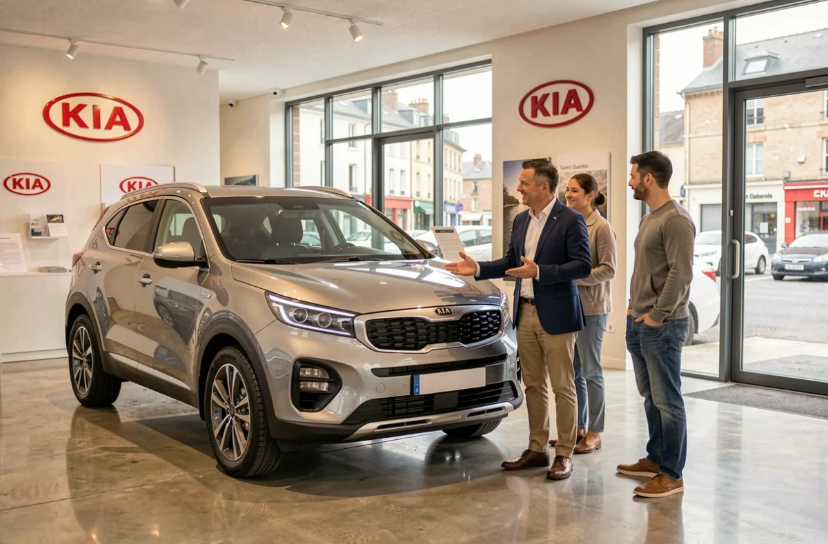 Intérieur du showroom Kia du Groupe Lanie à Saint-Quentin avec un vendeur présentant un SUV Kia à des clients