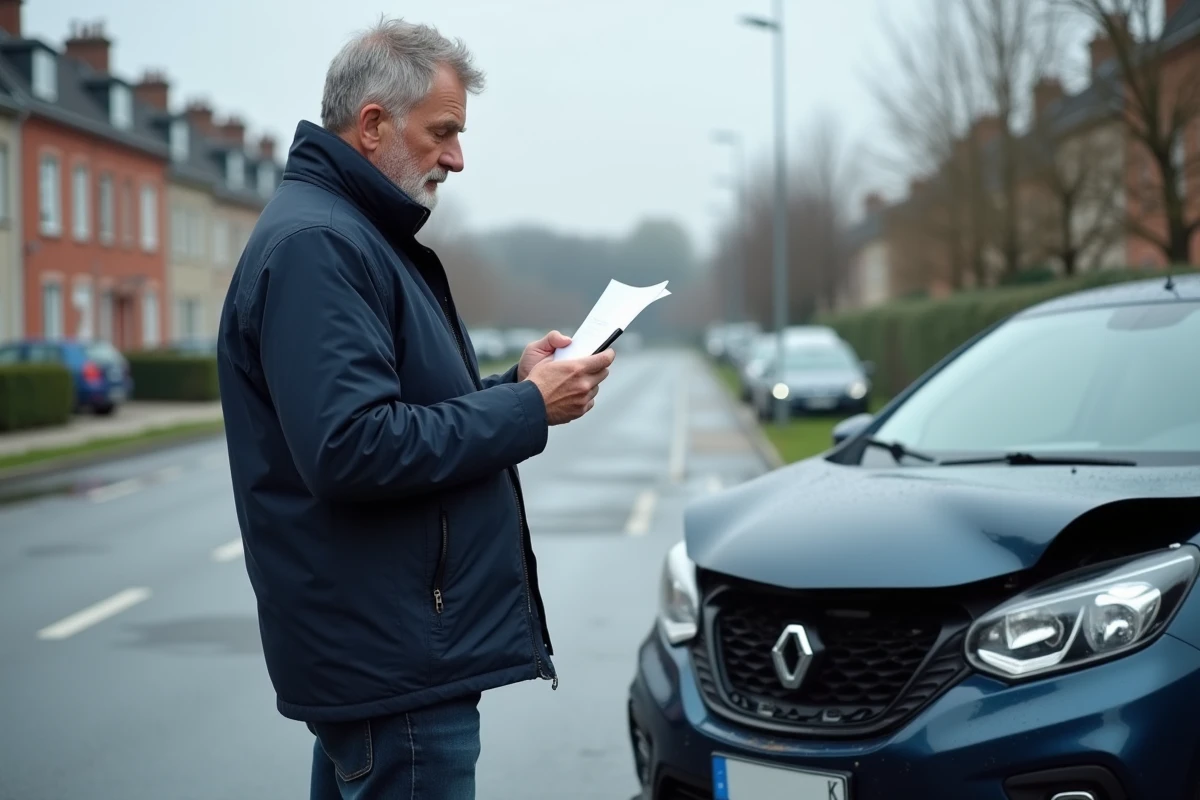 Homme contactant l'assistance Groupama après un accident de voiture dans un parking