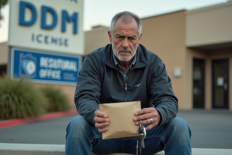 Homme pensif assis sur un banc devant un bureau DMV