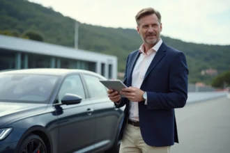 Homme en blazer navy près d'une voiture à Monaco