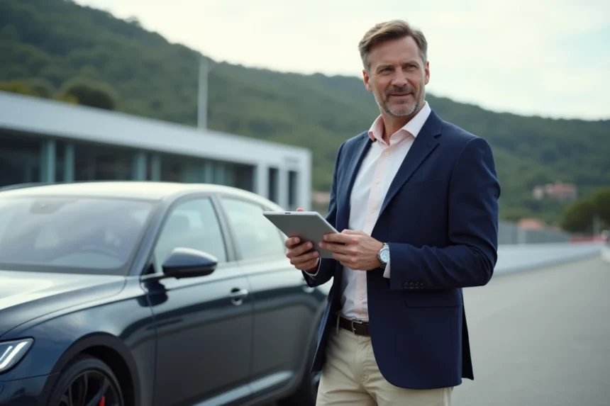 Homme en blazer navy près d'une voiture à Monaco