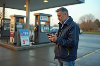 Homme d'âge moyen vérifiant le prix du carburant à la station