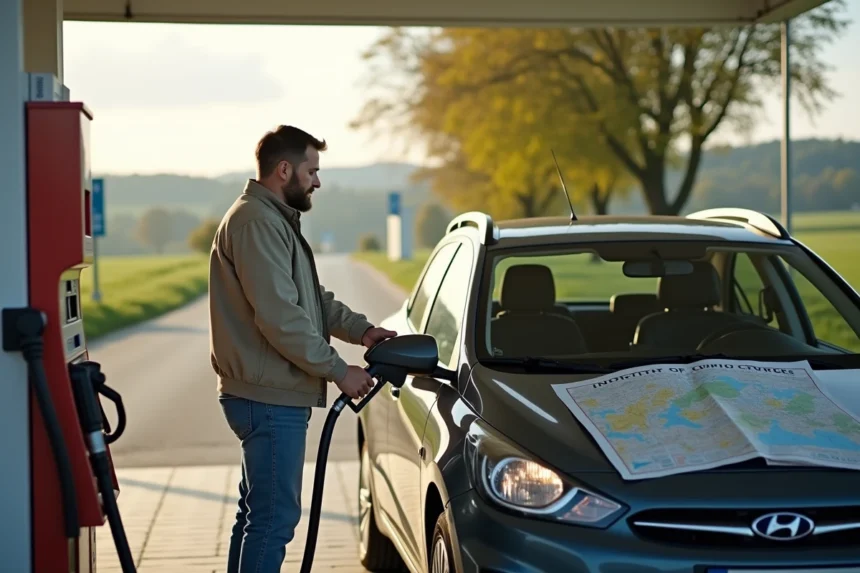 Homme moyenâgeux faisant le plein d'une voiture compacte à une station rurale