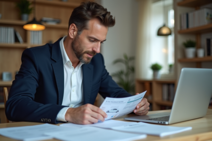 Homme examinant une carte grise dans un bureau moderne