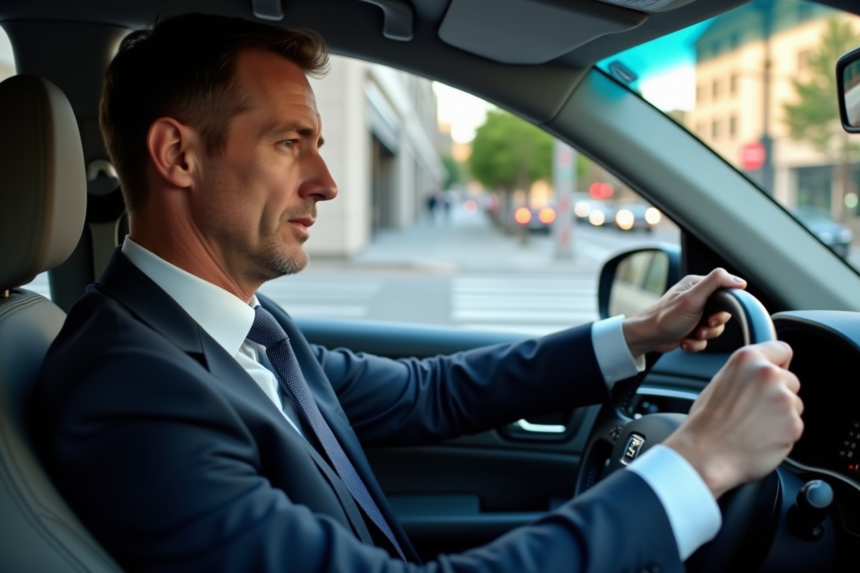 Homme d'âge moyen dans une voiture en ville