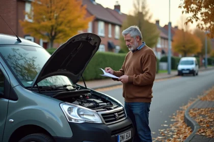 Homme d'âge moyen examine une Peugeot Partner Tepee devant sa maison