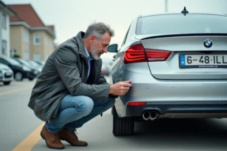 Homme examinant une plaque d'immatriculation sur une voiture moderne dans un parking pour estimer l'année du véhicule