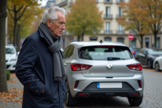 Homme français regardant la plaque d'immatriculation d'une voiture à Paris