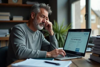 Homme frustré devant son ordinateur en train de consulter un site de carte grise avec une erreur affichée à l'écran