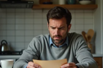 Homme inquiet tenant une contravention de 5ème classe reçue par courrier à son domicile