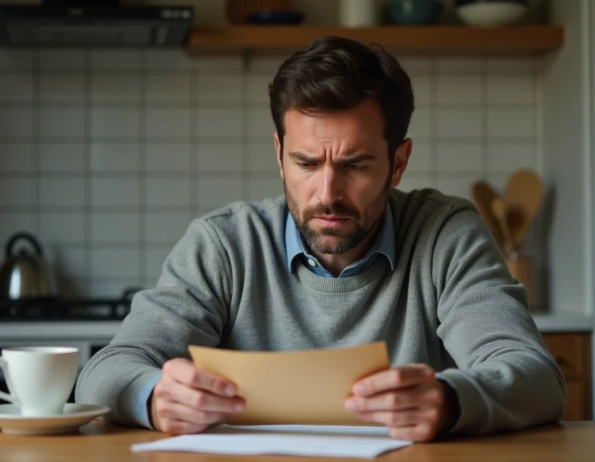 Homme inquiet tenant une contravention de 5ème classe reçue par courrier à son domicile