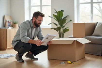 Homme lisant les instructions d'assemblage d'un meuble Dimension 3008 dans un salon moderne scandinave
