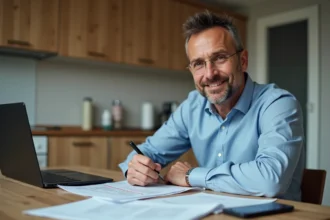 Homme d'âge moyen lisant des papiers d'assurance dans une cuisine