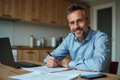 Homme d'âge moyen lisant des papiers d'assurance dans une cuisine