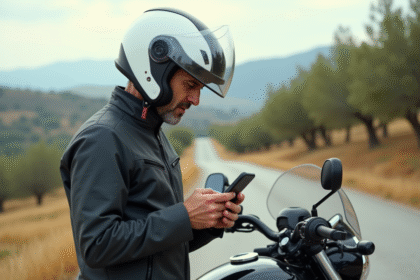 Homme espagnol vérifiant une carte sur son téléphone à côté de sa moto