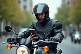 Homme en moto avec smartphone en ville dynamique
