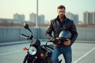 Homme de 30 ans avec moto en ville