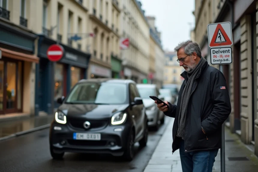 Homme d'âge moyen lisant un panneau de stationnement à Paris