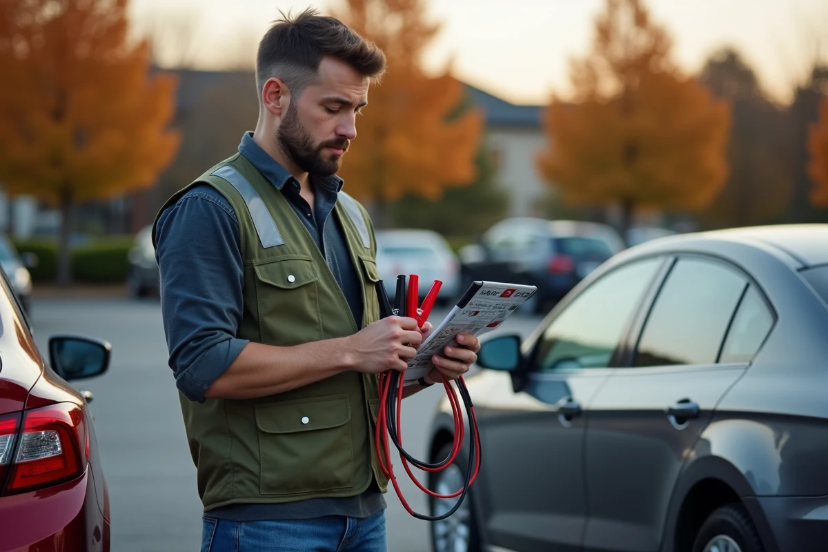 Jeune homme en parking consultant les instructions de câbles de démarrage avec pinces rouge et noir avant de démarrer une voiture en panne
