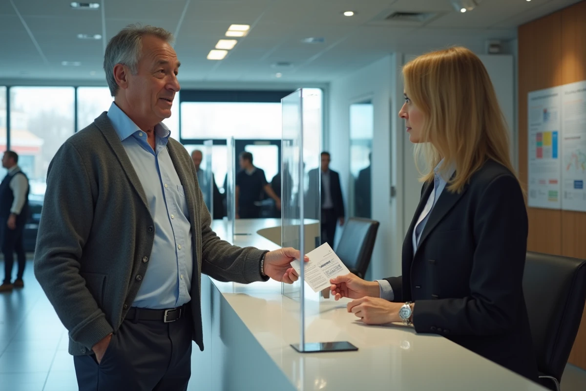 Homme montrant son permis de conduire à un agent dans un bureau public