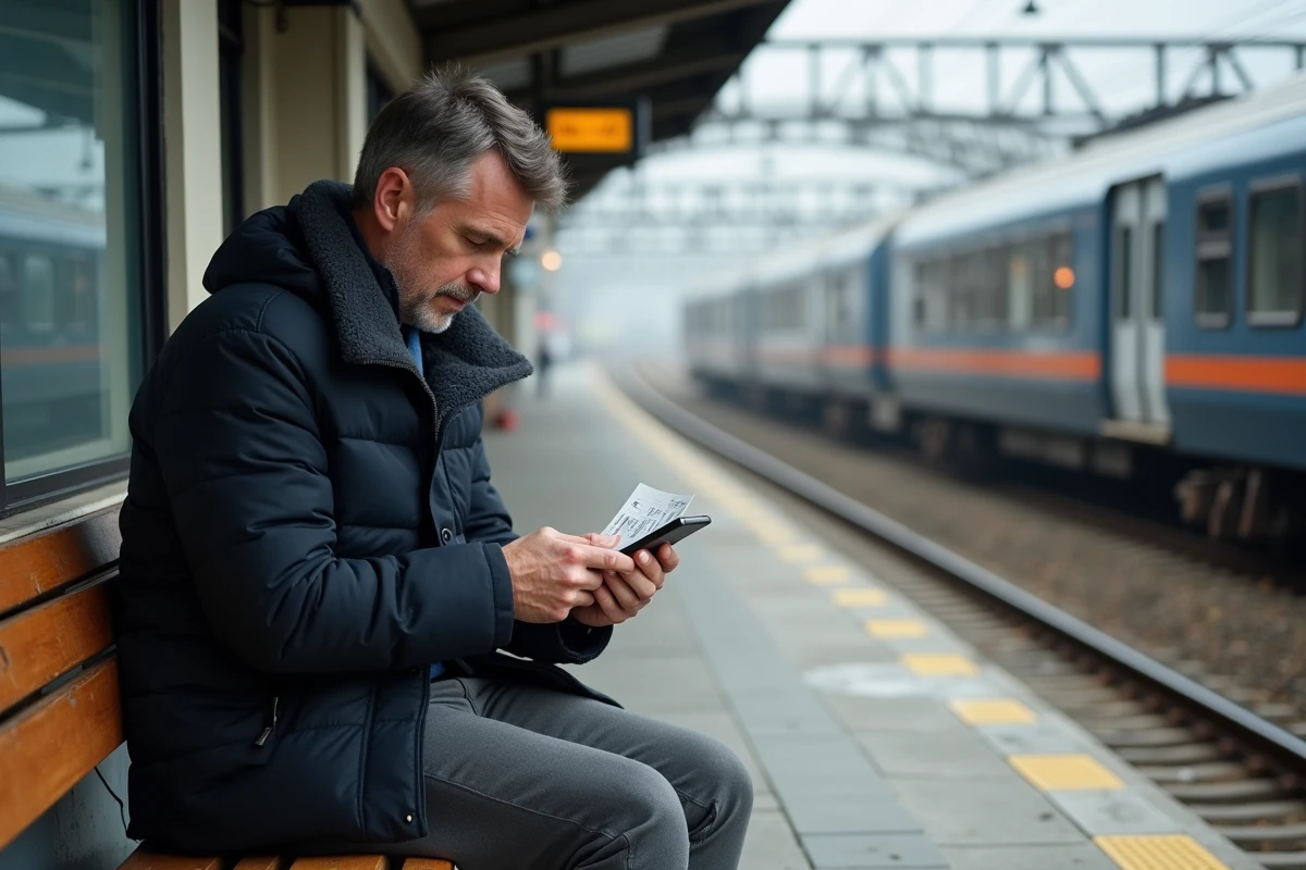 Homme assis sur un quai de gare comparant le coût du train avec son smartphone et son billet en main