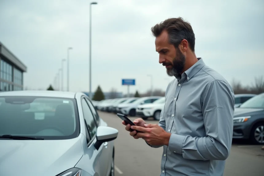 Homme consultant un rapport historique de véhicule sur son smartphone dans un parking de concessionnaire automobile