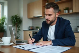 Homme concentré remplissant un formulaire de vente de véhicule