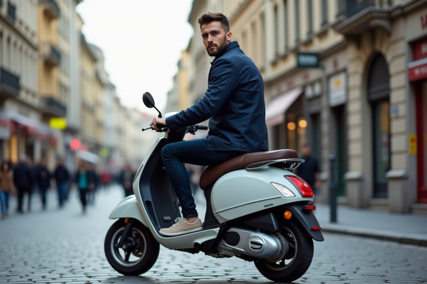 Homme en veste navy sur scooter en ville