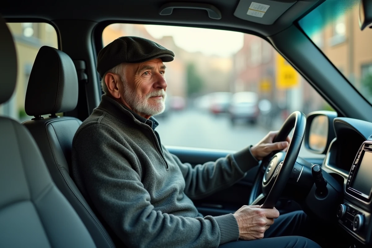 Homme âgé dans une petite voiture moderne en banlieue