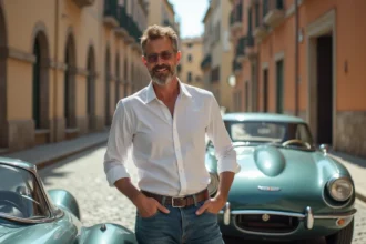 Homme élégant près d'une voiture de sport italienne