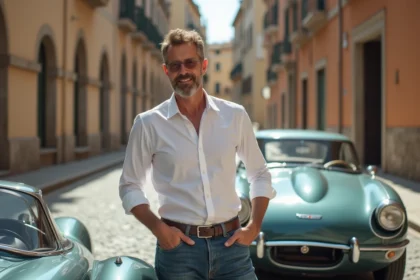 Homme élégant près d'une voiture de sport italienne