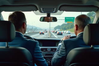 Homme en costume bleu dans une voiture en trafic dense