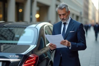 Homme en costume bleu près d'une voiture de luxe V12