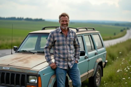 Homme d'âge moyen souriant près d'un SUV en campagne