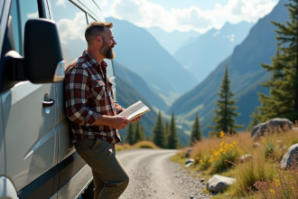 Homme d'âge moyen avec van en montagne et paysage alpin