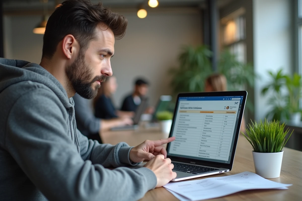 Homme consultant un fichier PDF de vérification de permis de conduire sur ordinateur portable dans un espace de coworking