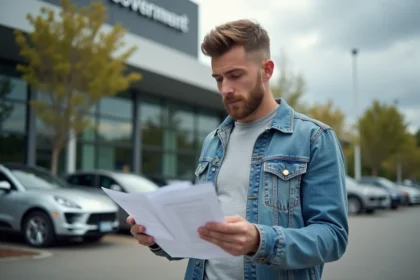 Jeune homme vérifiant documents de voiture à l'extérieur