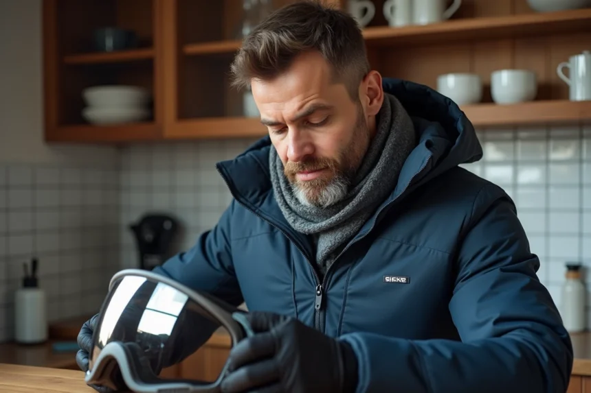 Homme examinant un viseur de ski dans une cuisine chaleureuse
