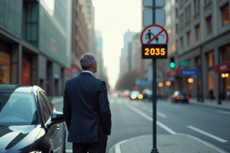 Homme d'affaires regardant un panneau de restriction urbaine