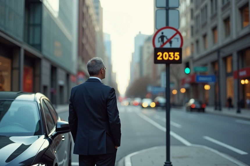 Homme d'affaires regardant un panneau de restriction urbaine