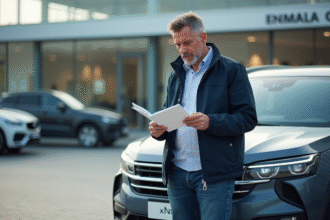 Homme d'âge moyen examine une voiture diesel en concession