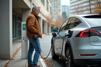 Homme d'âge moyen près d'une voiture électrique en charge