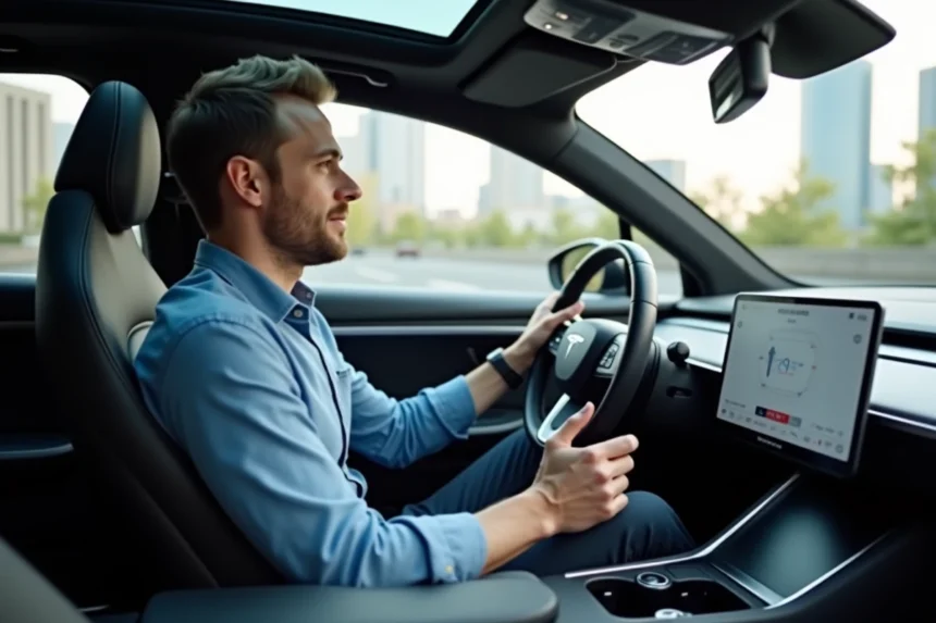 Homme en bleu dans une voiture électrique moderne