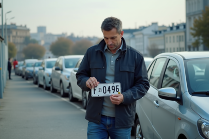 Homme examinant une plaque d'immatriculation française
