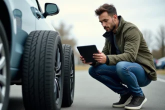 Homme comparant deux pneus de voiture à l'extérieur