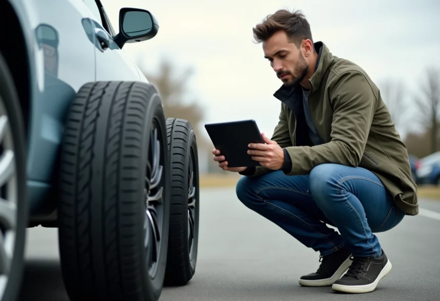 Homme comparant deux pneus de voiture à l'extérieur