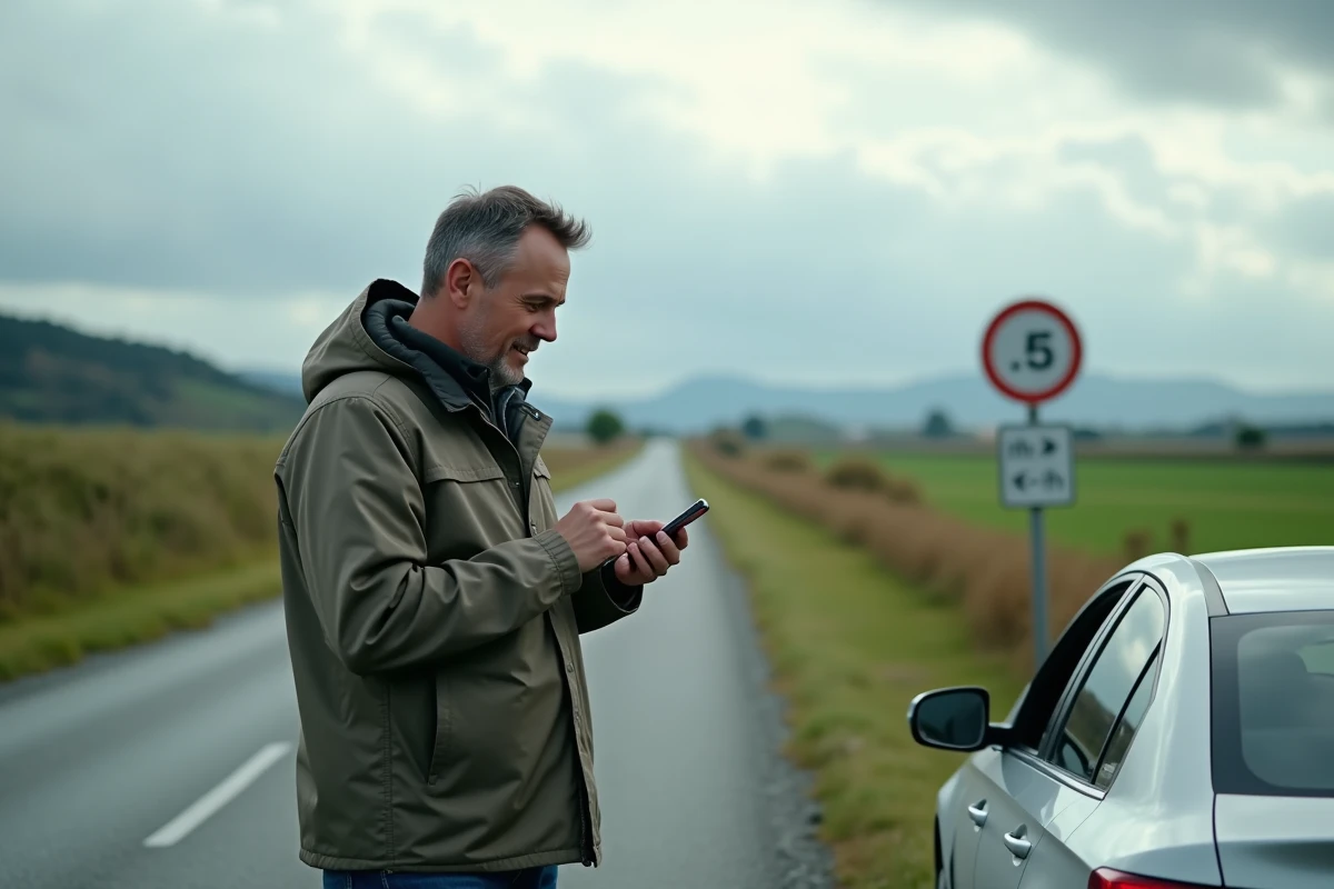 Homme vérifiant vitesse sur smartphone à côté d